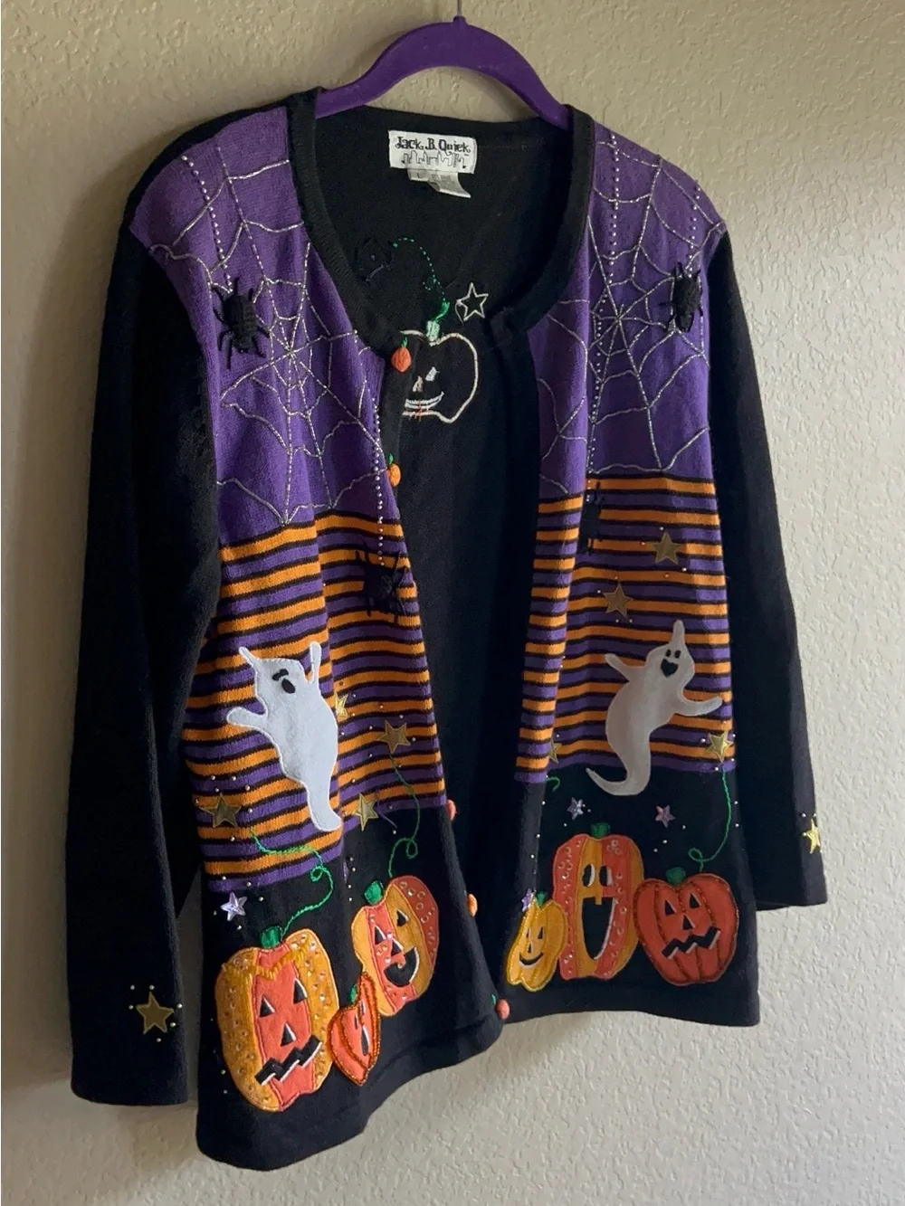 Jack B. Quick Halloween Cardigan Sweater - Black with Ghosts, Spiders, Pumpkins - Picture 3 of 9